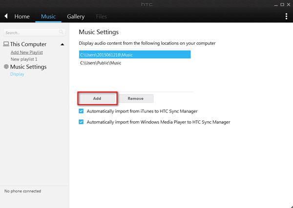 使用HTC Sync Manager添加音乐