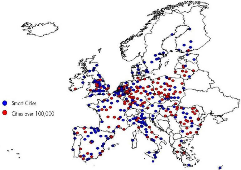 地图显示了智慧城市，而不是欧洲国家的智慧城市