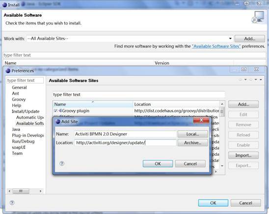 图 3. 添加 Activiti Eclipse Plugin repository