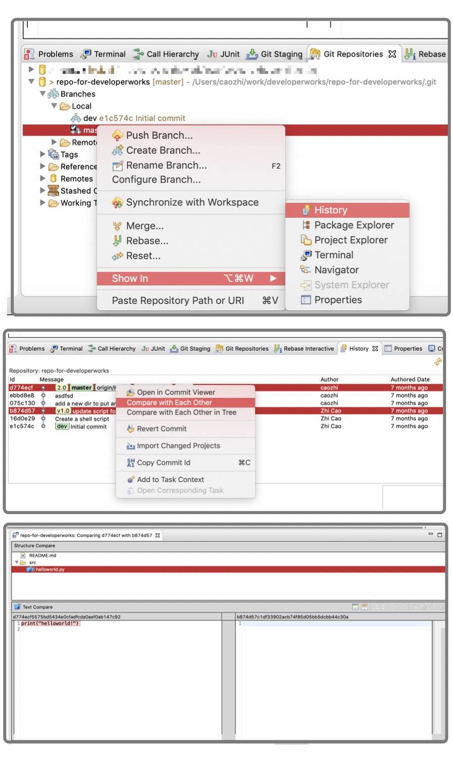 图 7. Eclipse EGit 中比较两个 commit