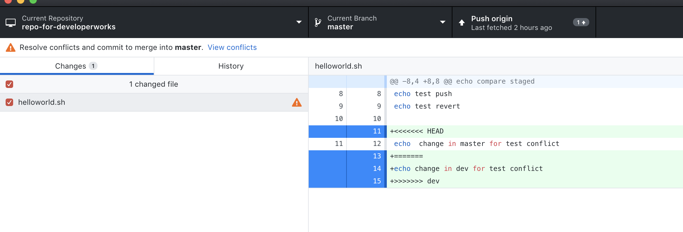 图 35. GitHub Desktop 里解决冲突