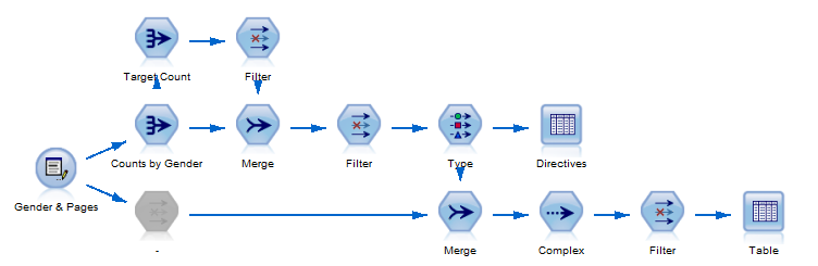 从 Counts by Gender 依次到 Merge、Filter、Type、Directives 或 Merge、Complex、Filter、Table