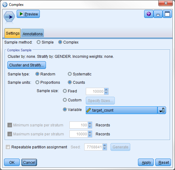 Settings 选项卡，其中选择了 Complex 按钮并指定了 Stratify by GENDER