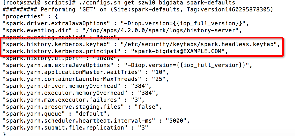 图 6. 使用 configs.sh 获得 spark-defaults 的配置项（启用 Kerberos 之后）