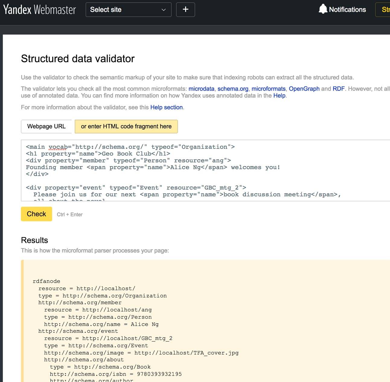 没有错误的 Yandex structured data validator