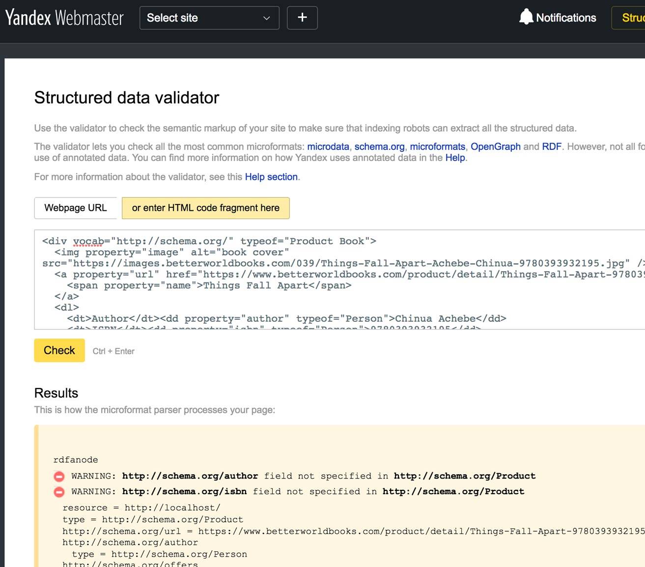 包含虚假错误的 Yandex Structured Data Validator