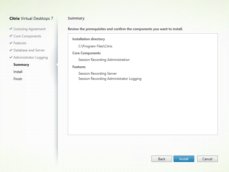 Image of session recording admin installation summary