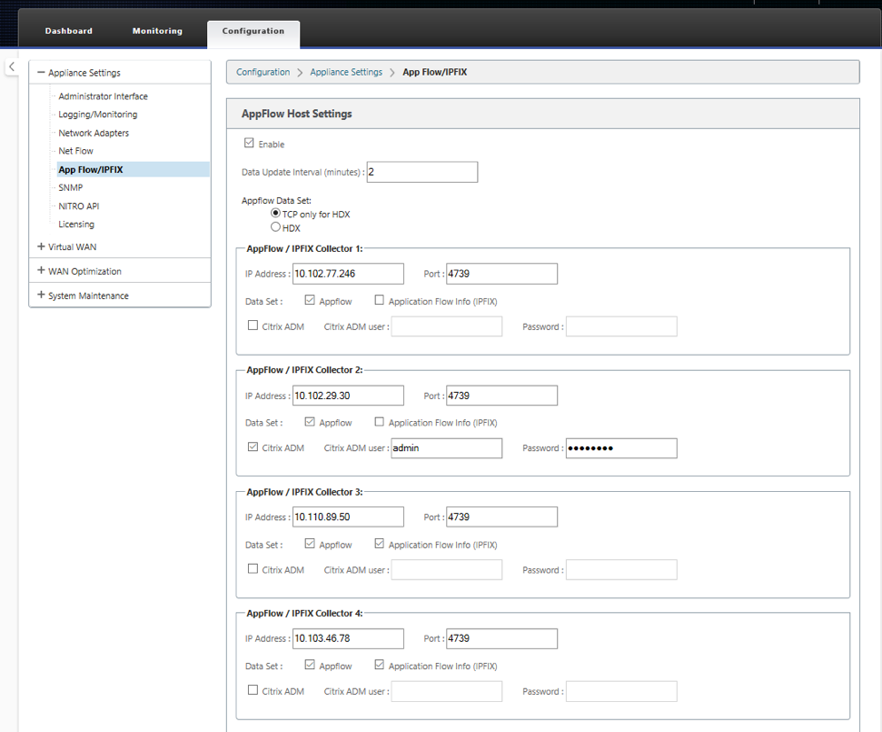 AppFlow/IPFIX configuration