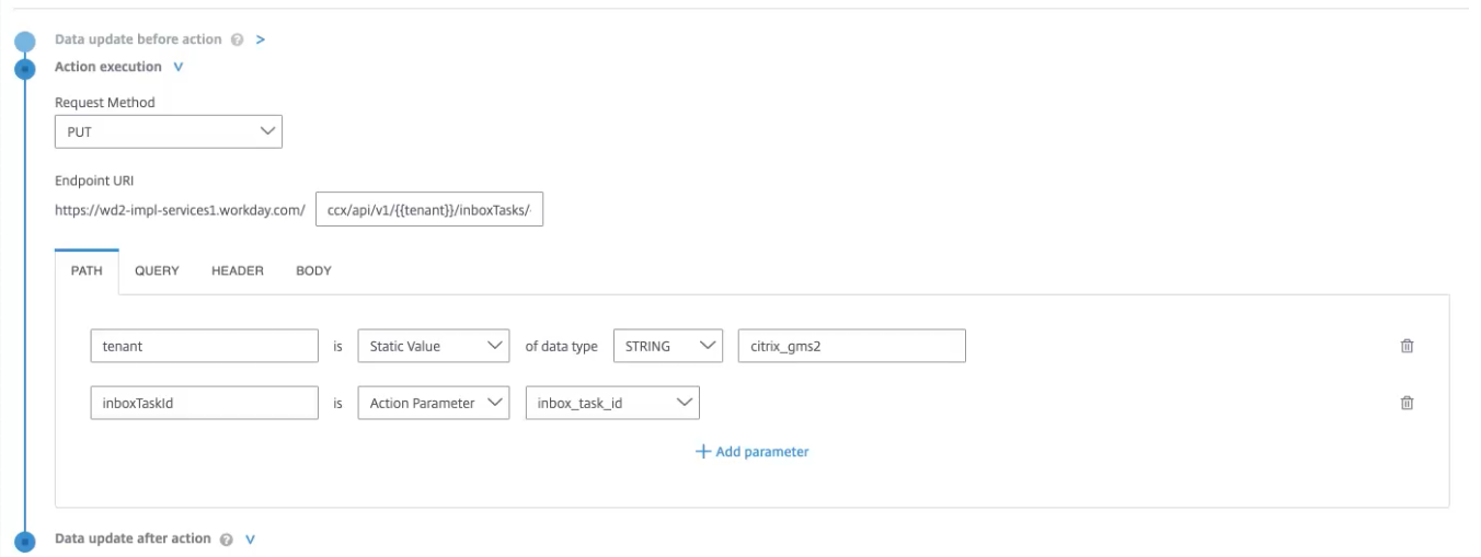 Service Action Parameters filled in details