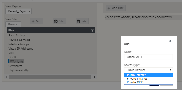 Add WAN links for a branch site