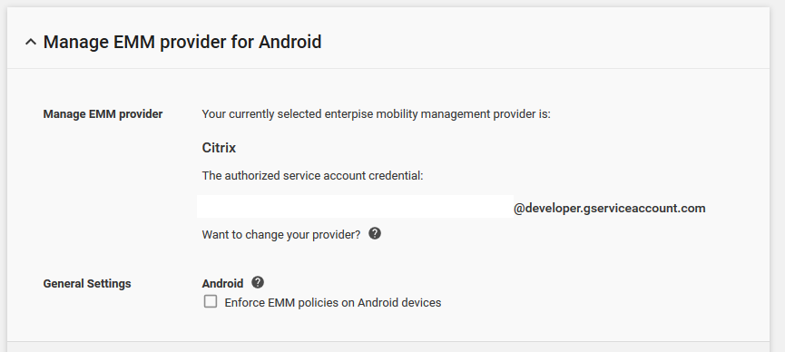 The Manage EMM provide for Android options