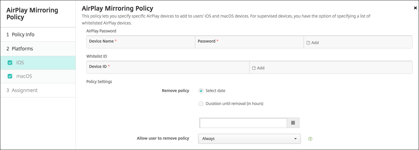 Device Policies configuration screen