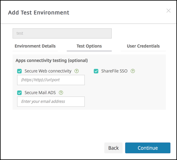 The Test Options tab