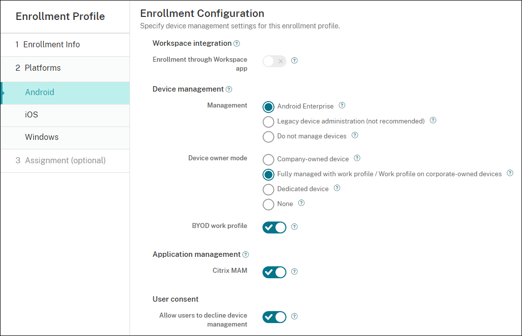 Enrollment Profiles configuration screen