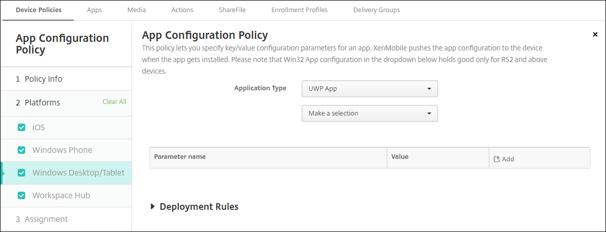 Device Policies configuration screen