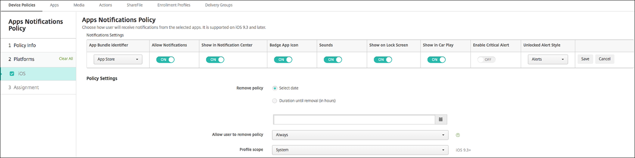 Device Policies configuration screen