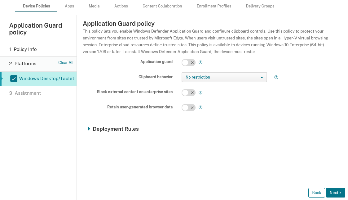 Device Policies configuration screen