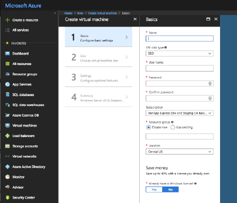 Azure Resource Manager Create virtual machine page