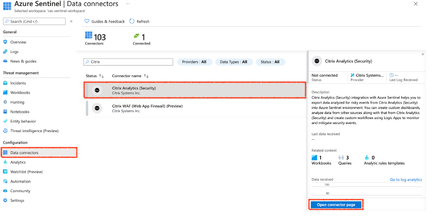 Sentinel data connector page