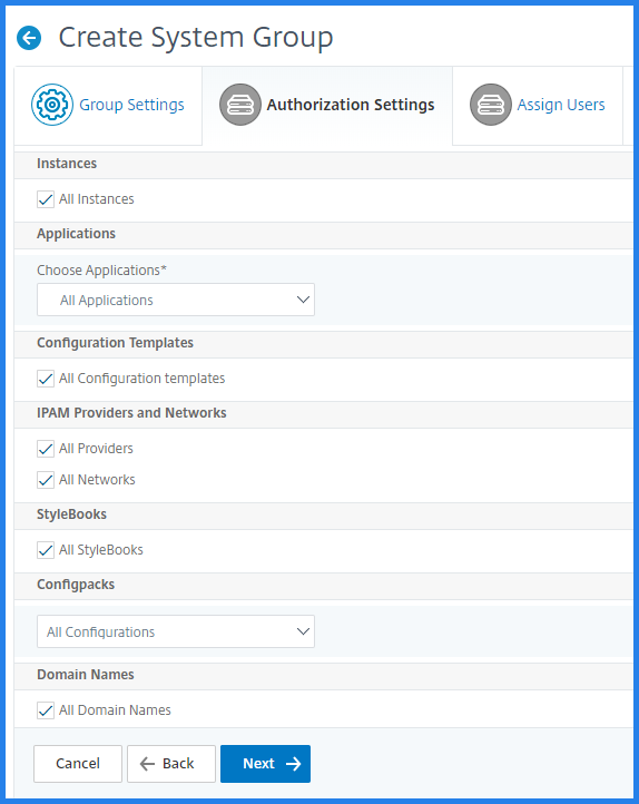 Categories in authorization settings