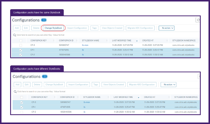 Select the configuration packs associated to the same StyleBook