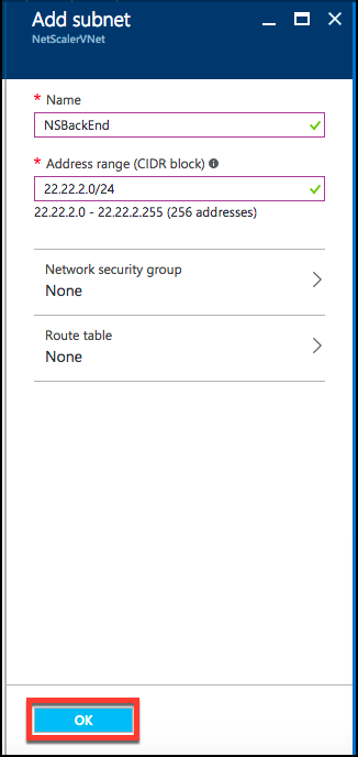 VNet subnet configuration