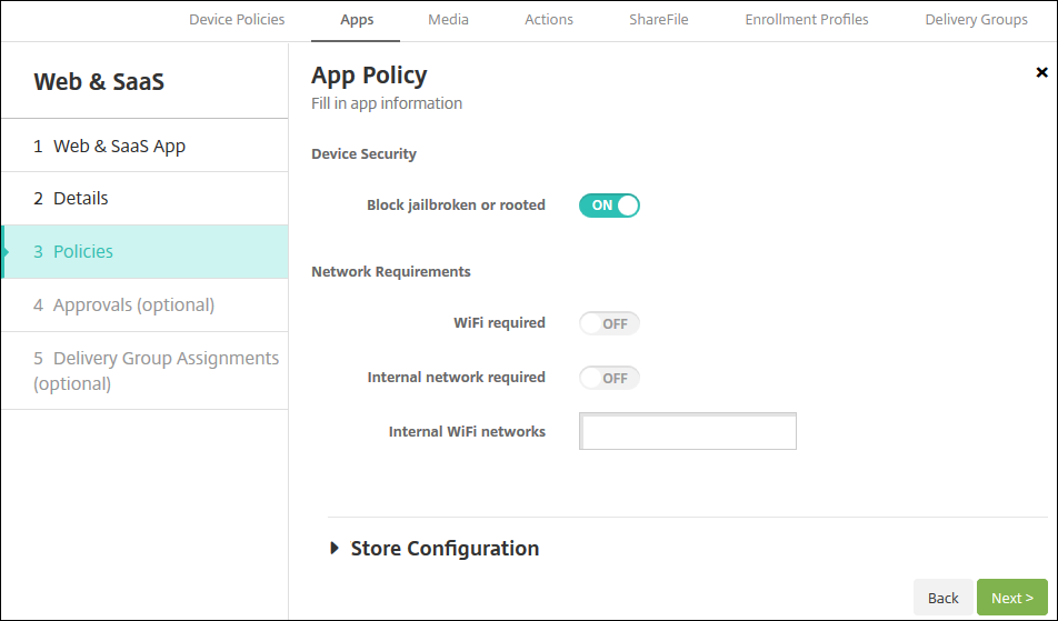 Apps configuration screen