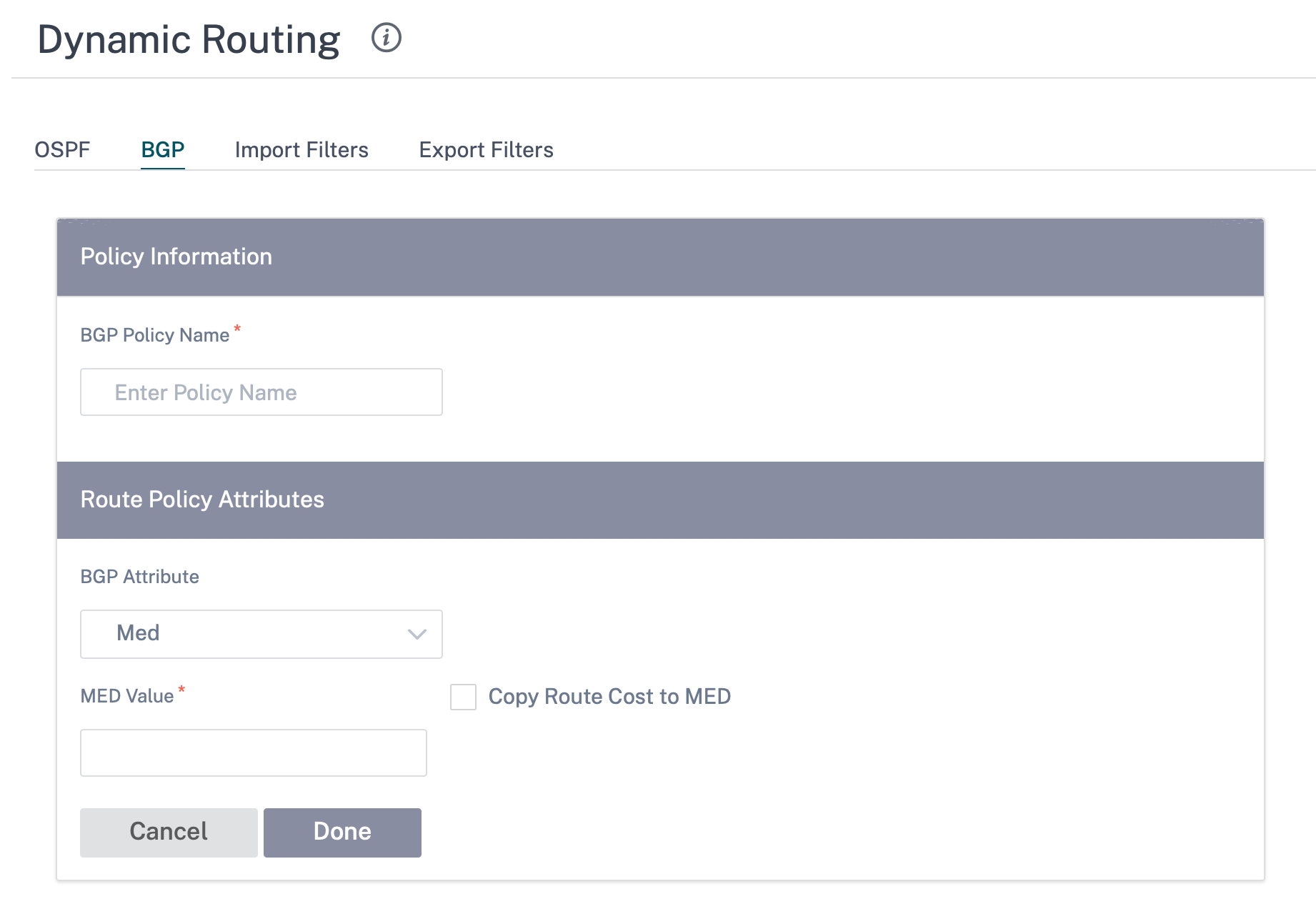 Configure bmp policies attributes