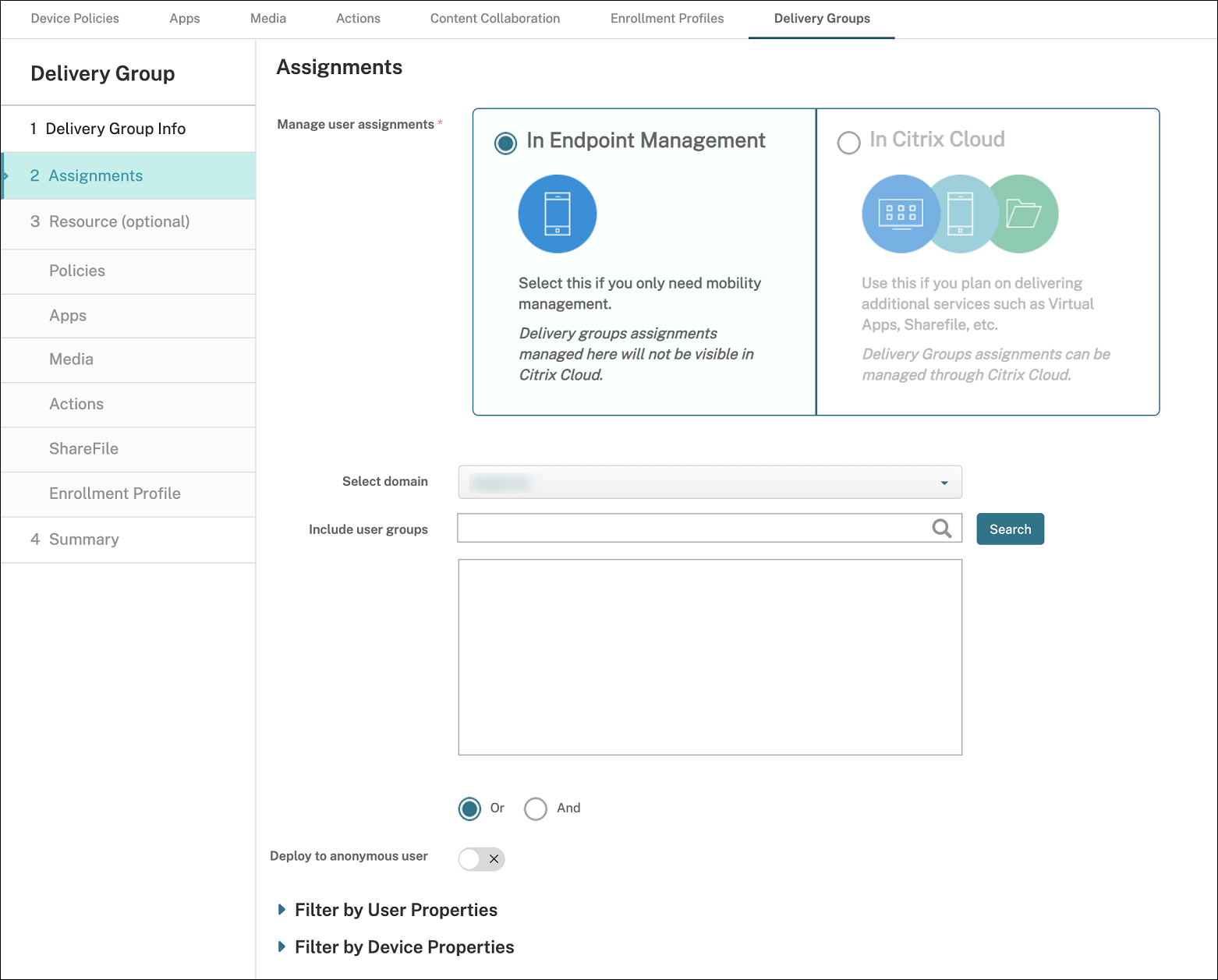 Delivery Groups configuration screen