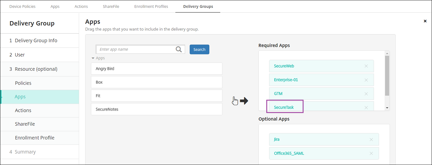 Delivery Groups configuration screen