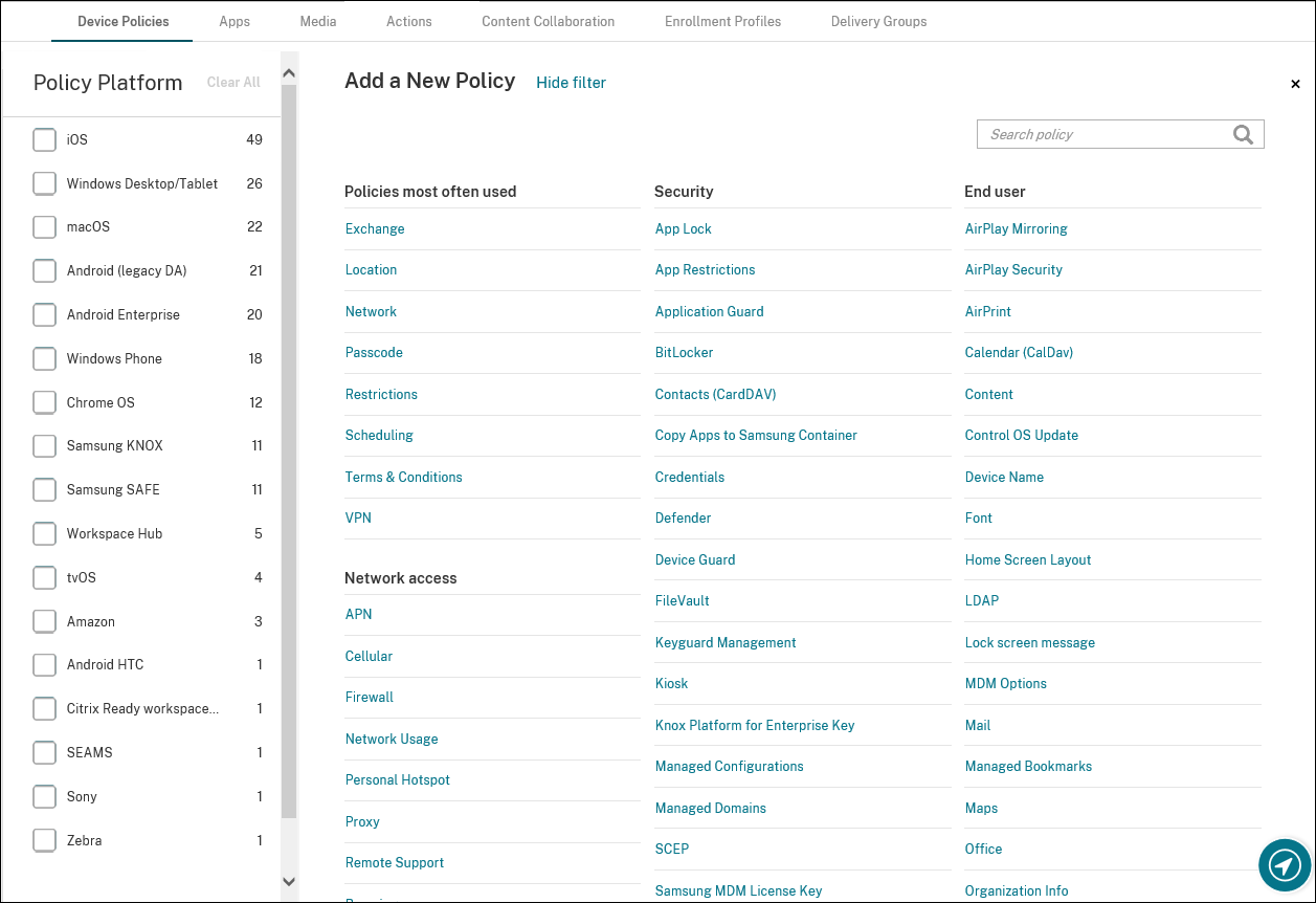 Image of Device Policies configuration screen