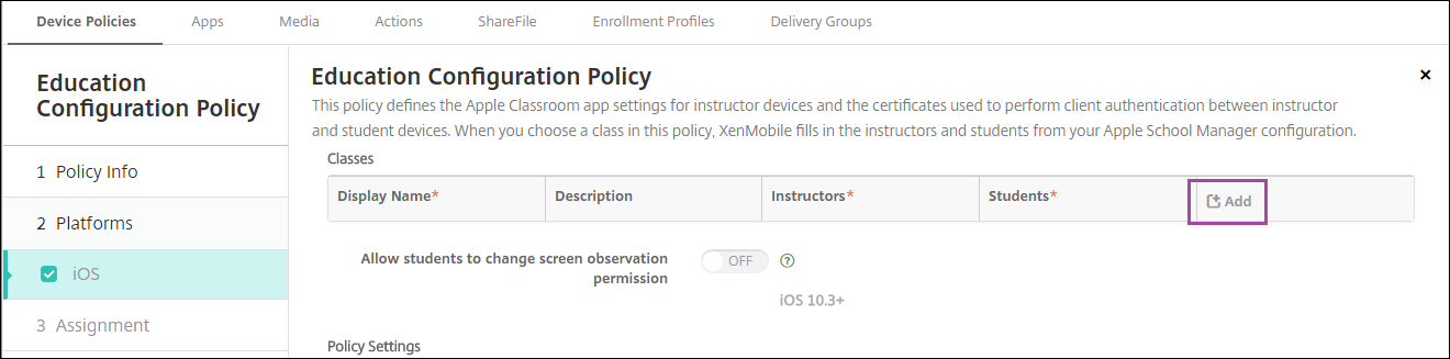 Device Policies configuration screen