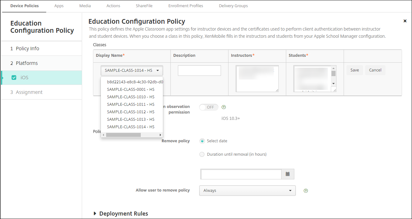 Device Policies configuration screen