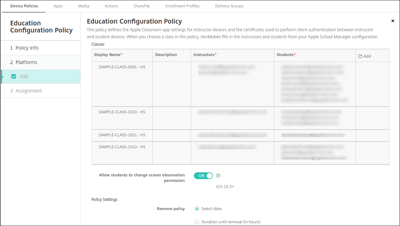 Device Policies configuration screen