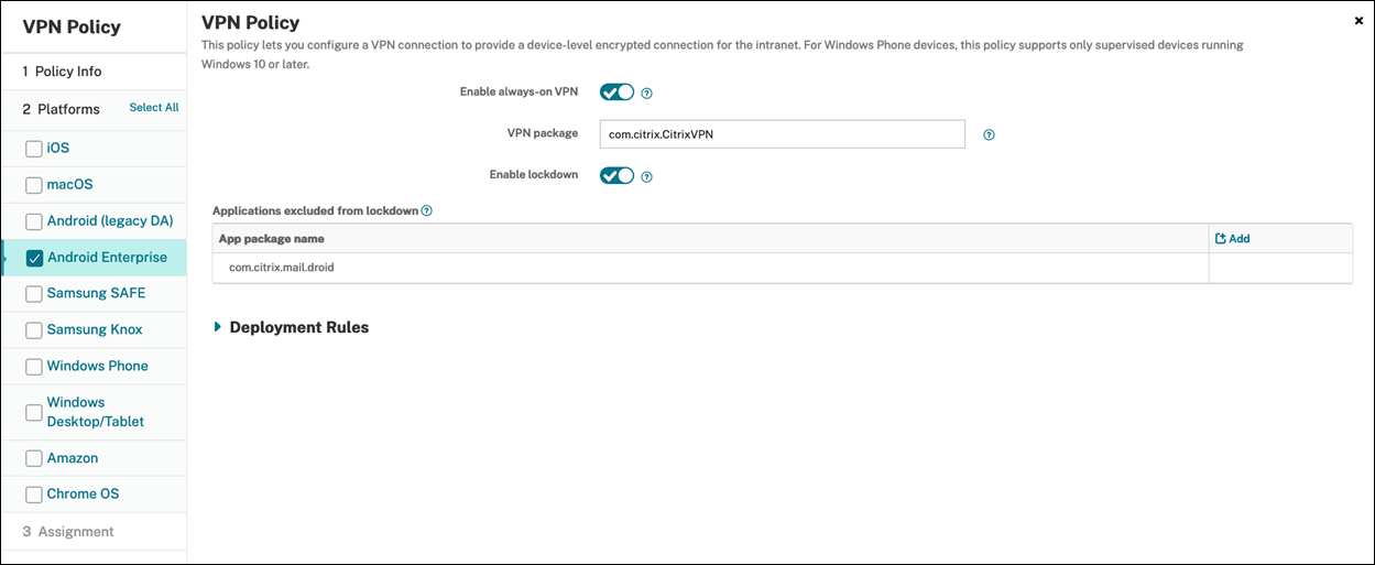 Device Policies configuration screen