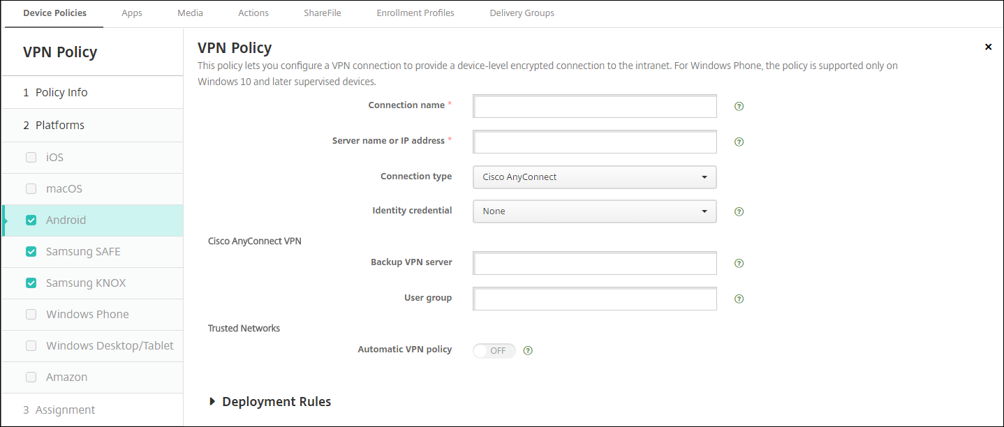 Device Policies configuration screen