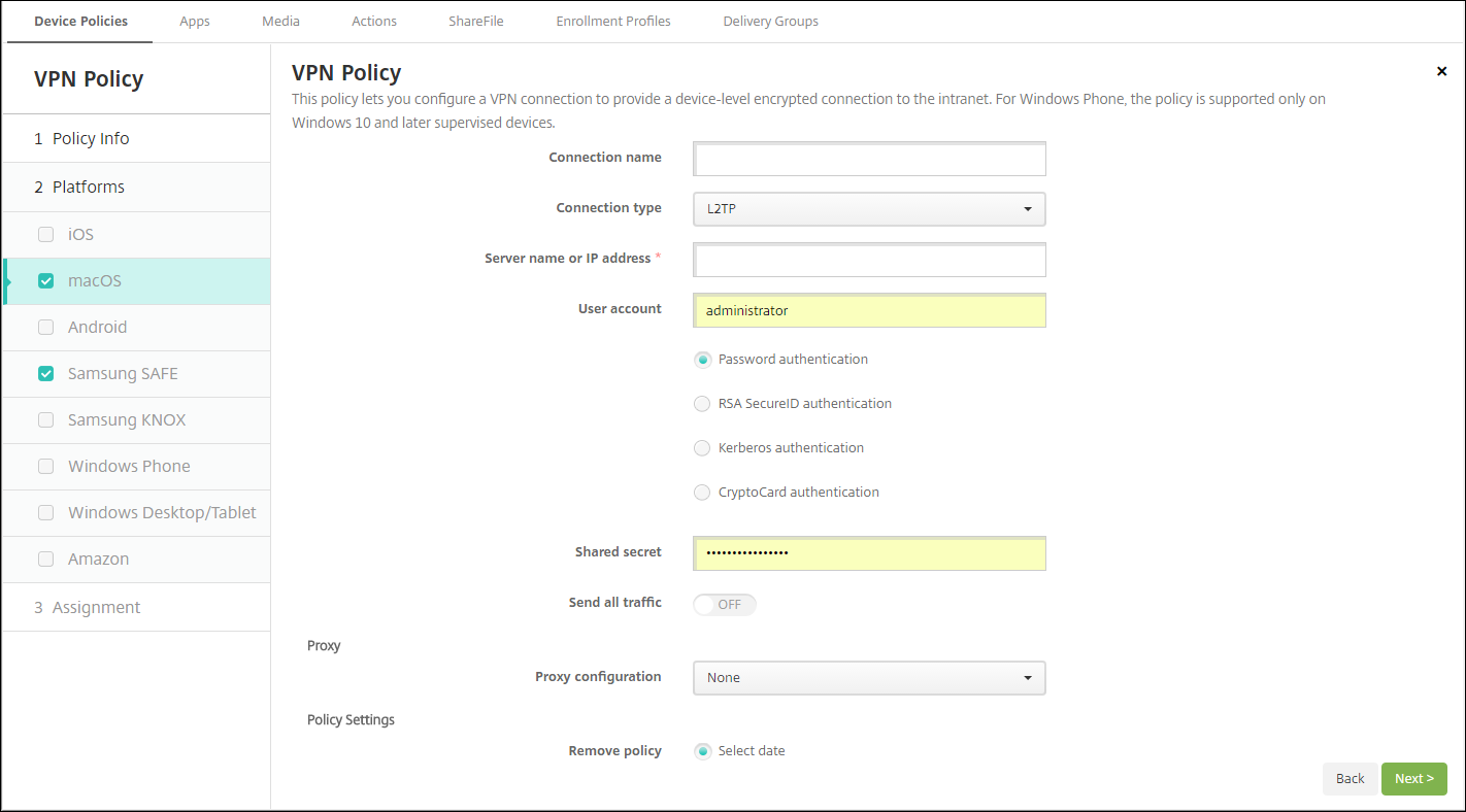 Device Policies configuration screen