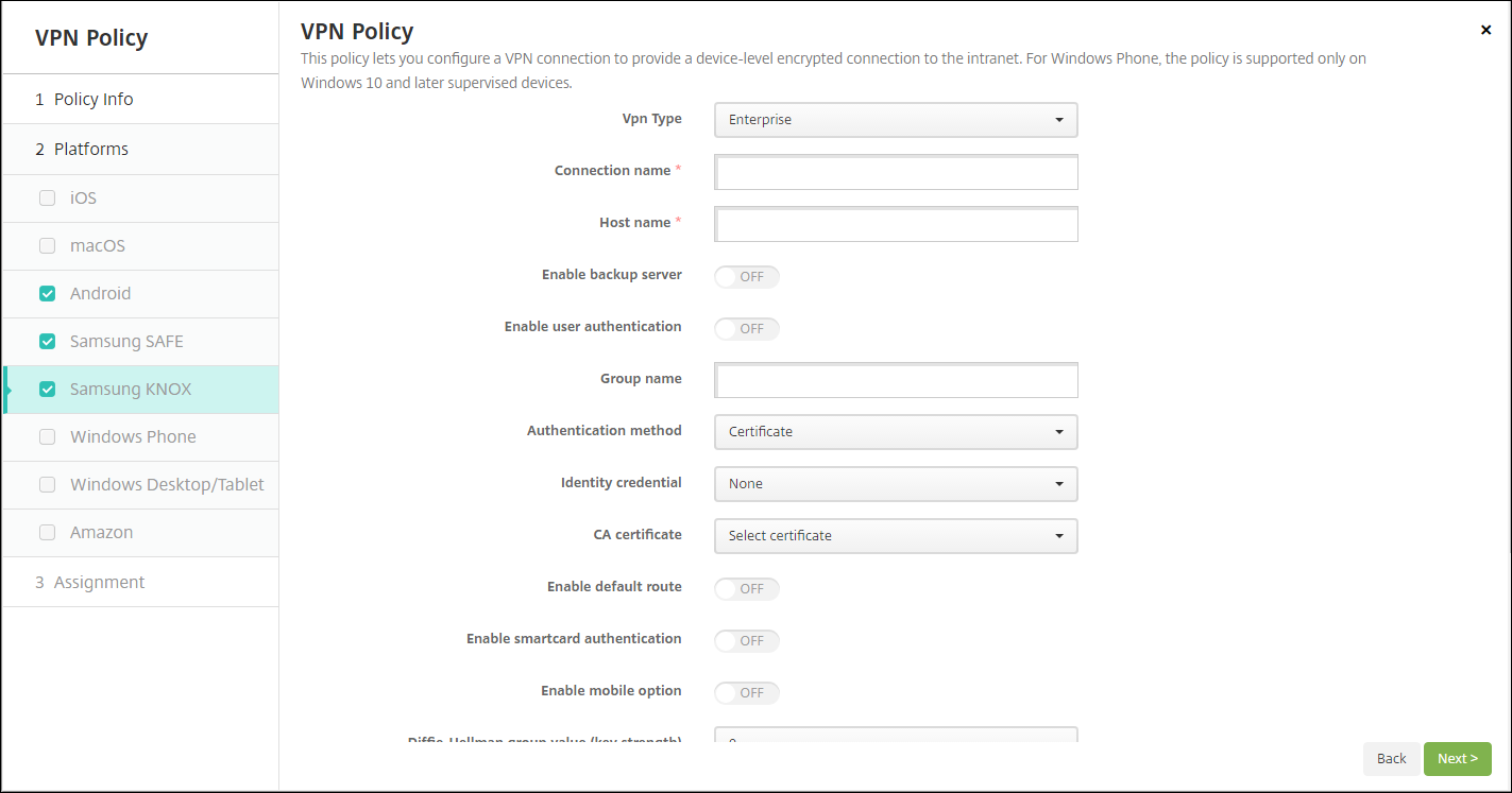 Device Policies configuration screen