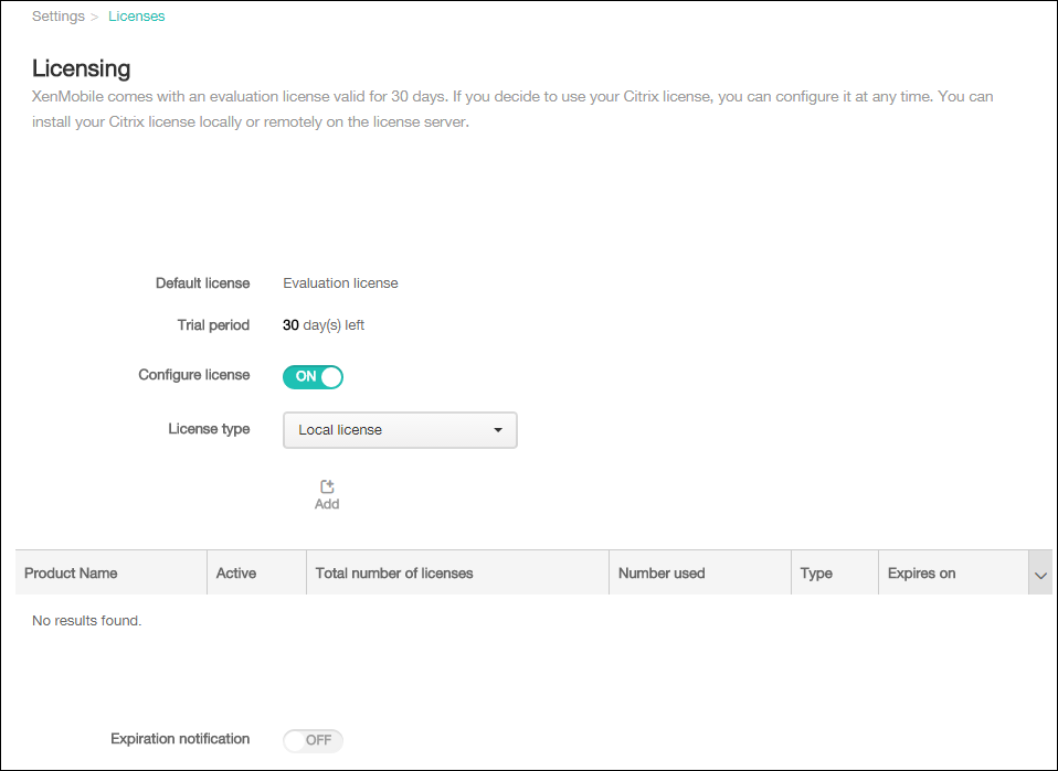 Image of Licensing configuration screen