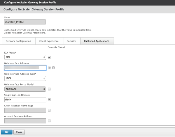 Citrix Gateway Session Profile screen