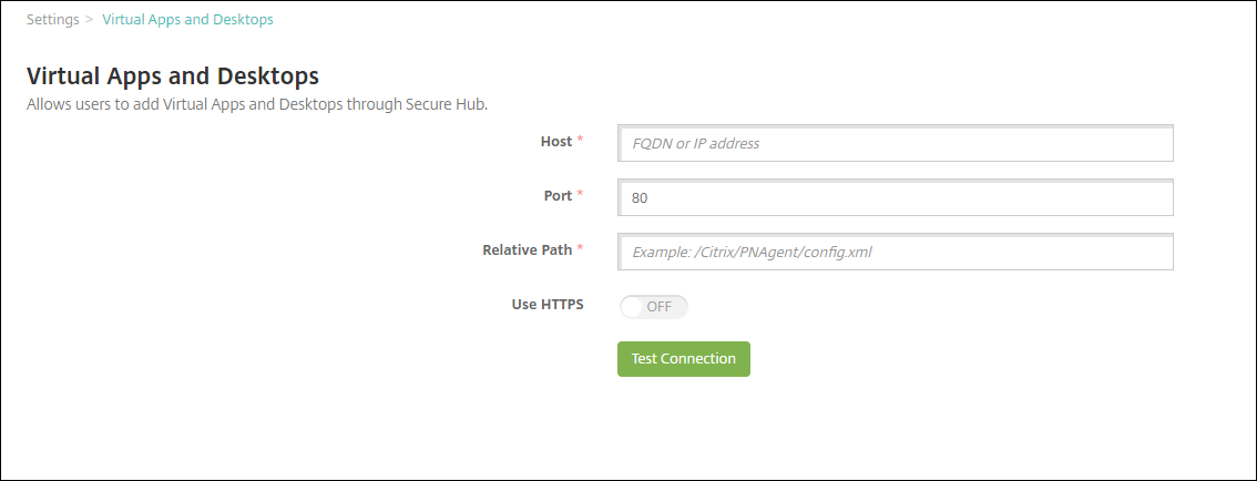 Virtual Apps and Desktops Settings screen