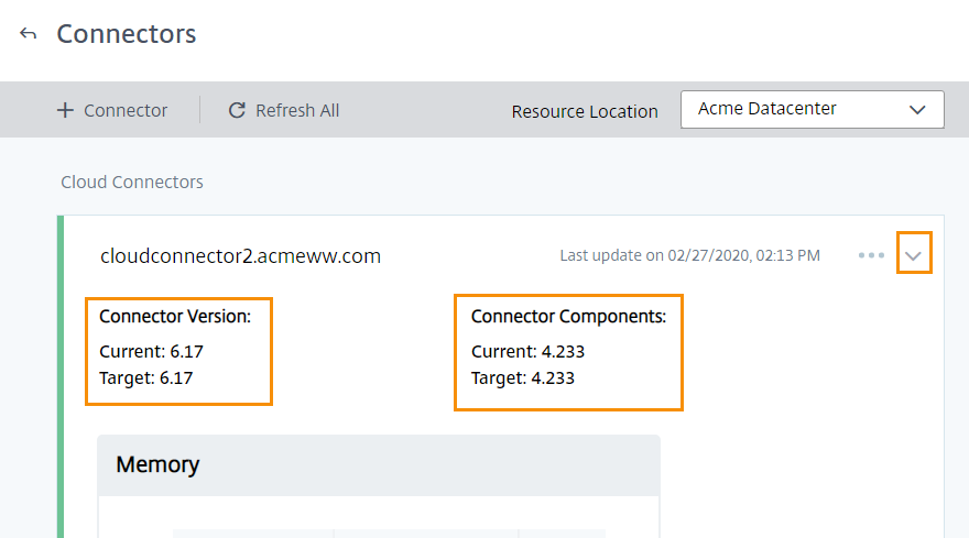 Expanded Cloud Connector tile with version displayed