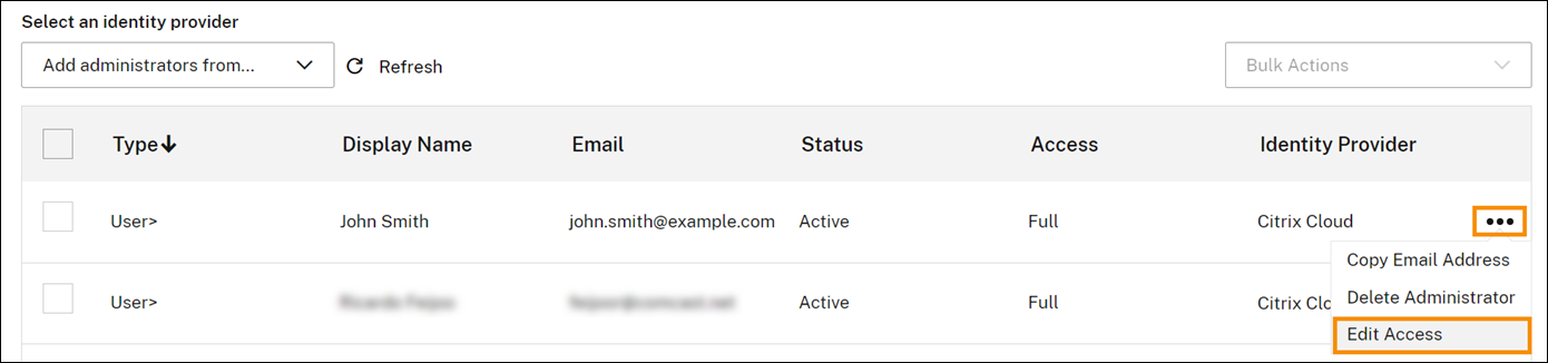 Citrix Cloud administrators list with Edit Access menu option highlighted
