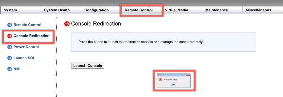 Console redirection failure