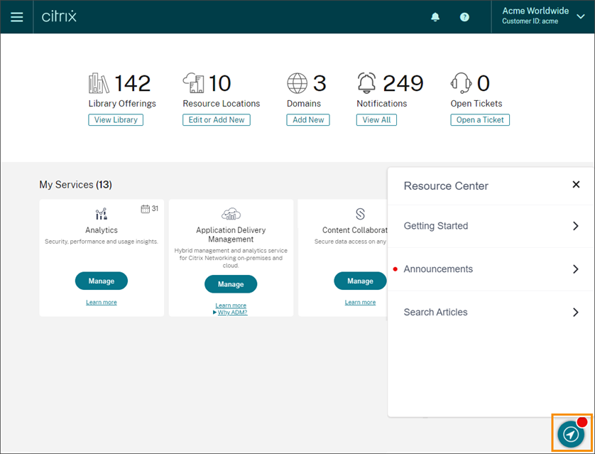 Citrix Cloud management console with Resource Center icon highlighted