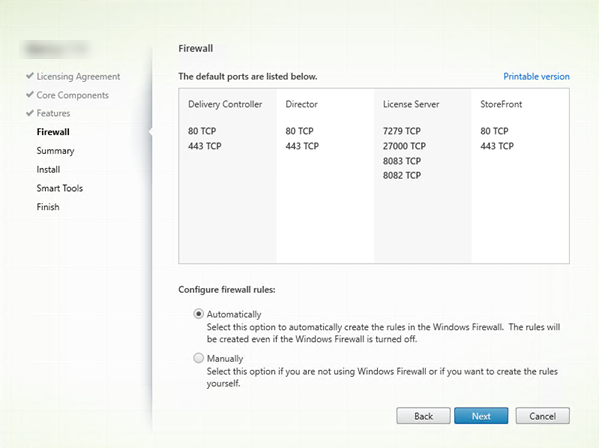 Firewall page in component installer