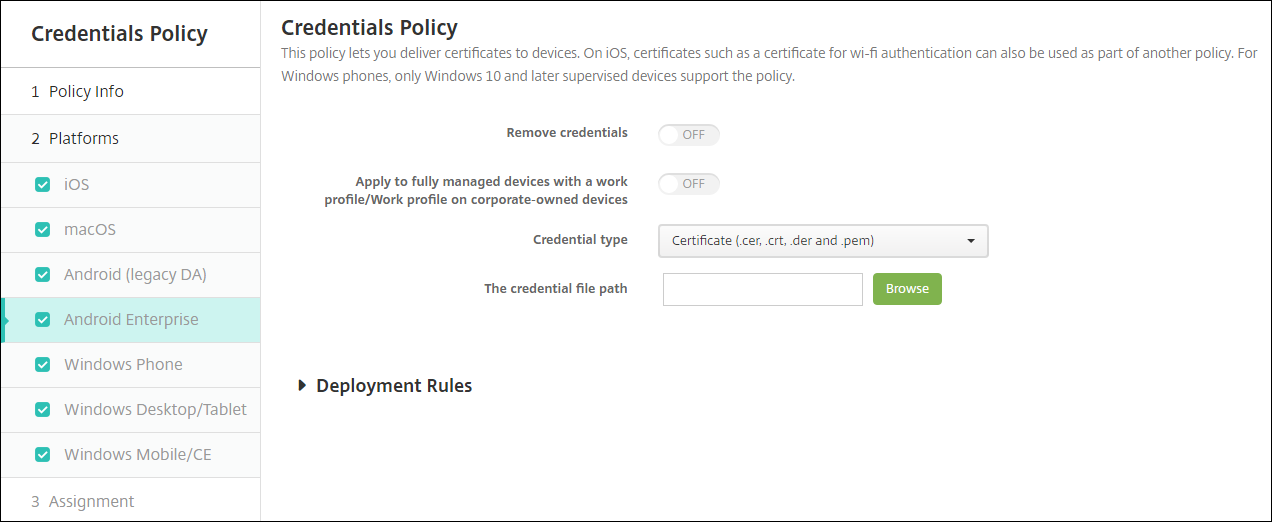 Device Policies configuration screen