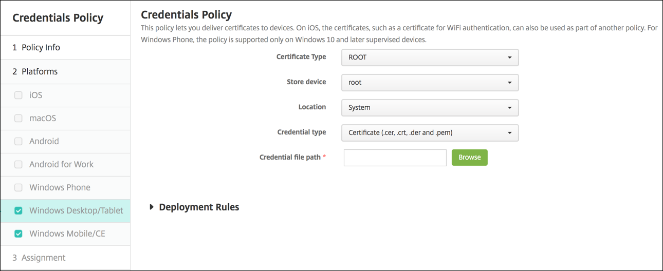 Image of Device Policies configuration screen