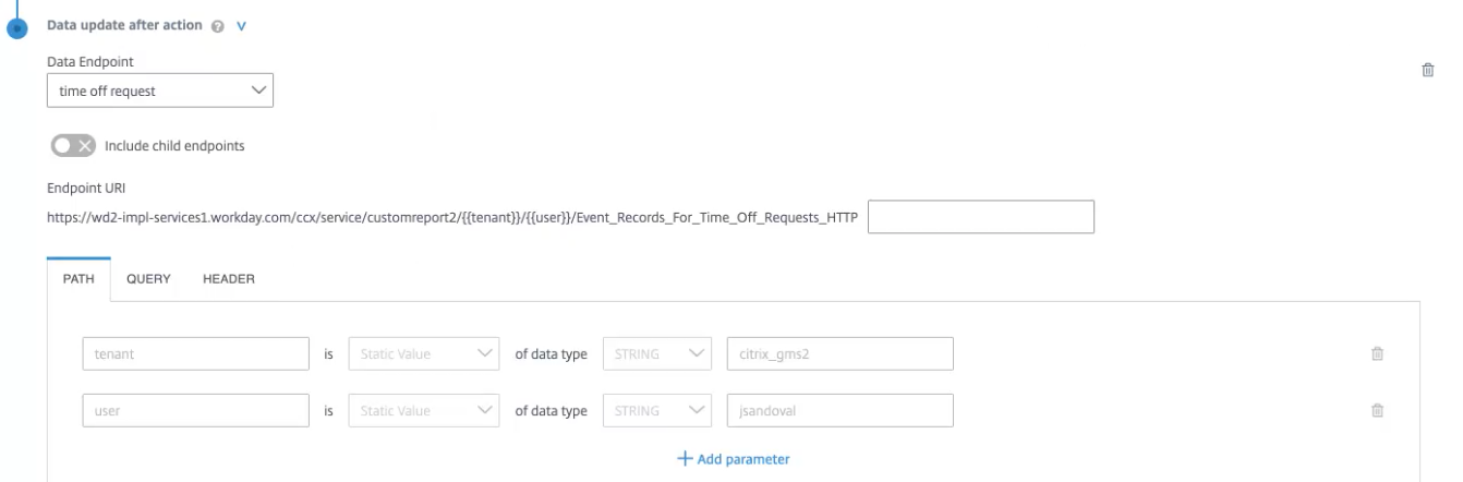 Service Action Parameters filled in details