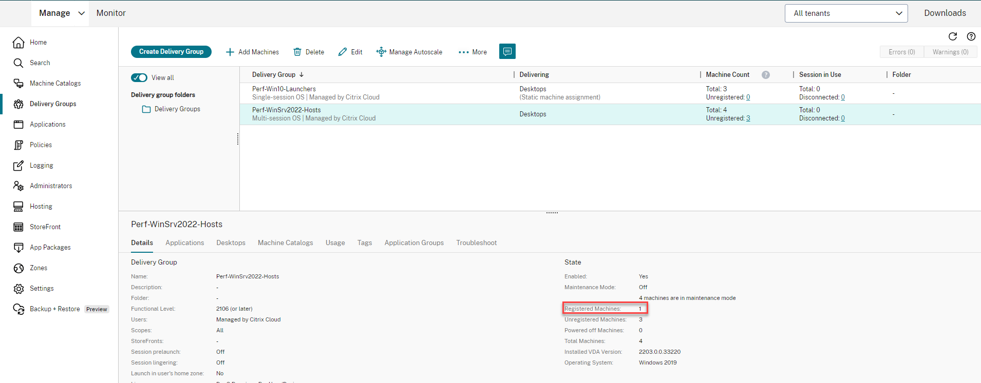 Registered VMs in Cloud studio console